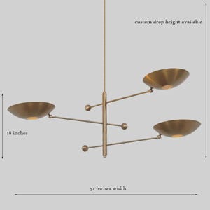 Mid Century Modern Brass Chandelier: 3-Light Adjustable Pendant Lamp