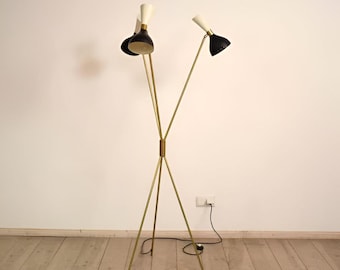 Mid Century Modern Brass Floor Lamp: Adjustable Shade Standing Light