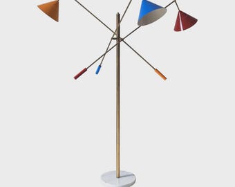 Mid Century Modern Brass Floor Lamp, Adjustable Cone Shades & Marble Base