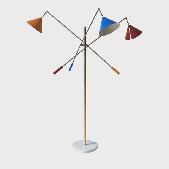 Mid Century Modern Brass Floor Lamp, Adjustable Cone Shades & Marble Base