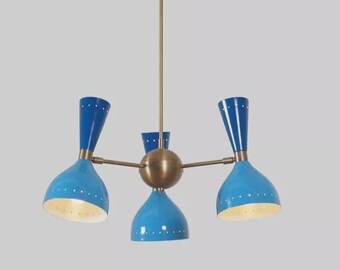 Mid-Century Modern Chandelier: Brass 3-Light Atomic Pendant - Blue Shades