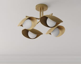 Mid-Century Modern Brass Flush Mount Ceiling Light with Glass Shades