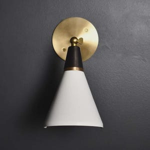 Mid Century Modern Brass Wall Sconce: Adjustable Cone Shade Light