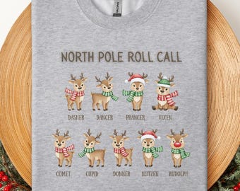 Cute Christmas Reindeer Sweatshirt, Christmas Adult Sweater, Christmas Gift, Santa's Reindeer Pullover, North Pole Gift, Dasher Dancer Gift