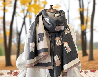 Sciarpa Avvolgente Con Stampa Di Gatto In Cashmere Con Effetto