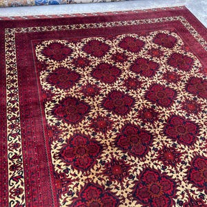 10 x 17 fot stor afghansk handgjord matta, orientalisk vintagematta, handknuten ullmatta, tribal yusufimatta, palatsmatta, geometrisk turkmensk matta bild 4