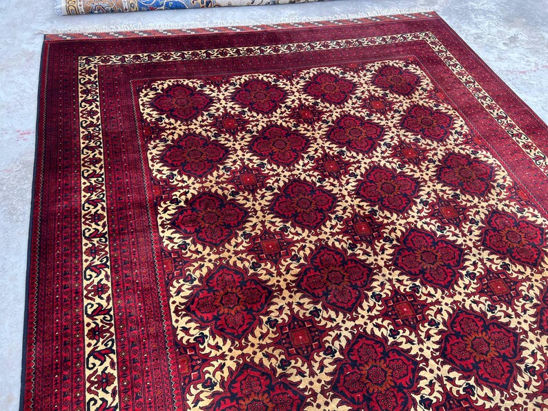 10 x 17 fot stor afghansk handgjord matta, orientalisk vintagematta, handknuten ullmatta, tribal yusufimatta, palatsmatta, geometrisk turkmensk matta bild 4
