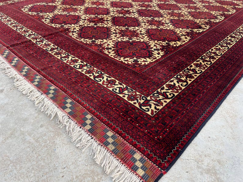 10 x 17 fot stor afghansk handgjord matta, orientalisk vintagematta, handknuten ullmatta, tribal yusufimatta, palatsmatta, geometrisk turkmensk matta bild 6