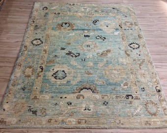 8x10 ft Large Turquoise Turkish Oushak Rug, Hand-Spun Wool Veg Rug, Oriental Afghan Rug, Hand-Knotted Rug, Modern Area Rug, Bedroom Rug