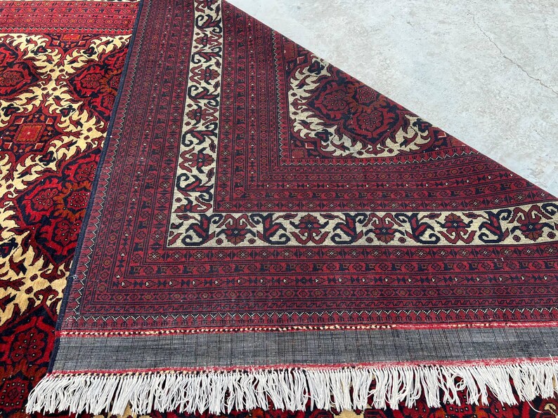 10 x 17 fot stor afghansk handgjord matta, orientalisk vintagematta, handknuten ullmatta, tribal yusufimatta, palatsmatta, geometrisk turkmensk matta bild 15