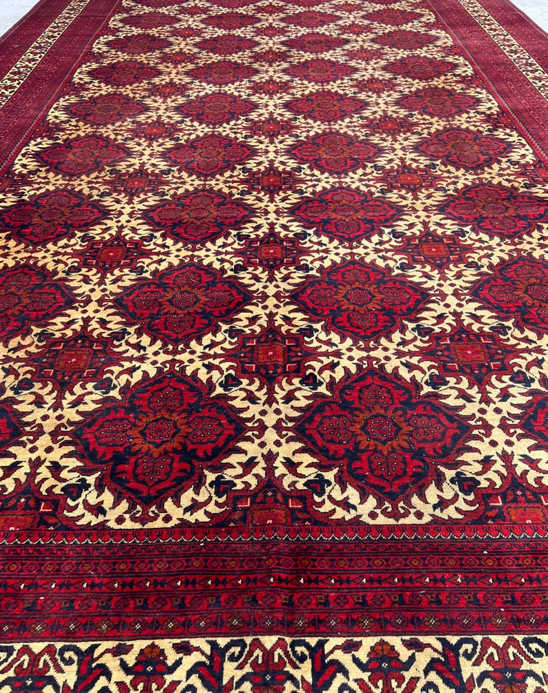 10 x 17 fot stor afghansk handgjord matta, orientalisk vintagematta, handknuten ullmatta, tribal yusufimatta, palatsmatta, geometrisk turkmensk matta bild 11