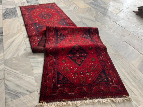 13 ft Red Geometric Runner Rug, Khal Mohammadi Bukhara Style Rug, Soft Pile Wool Rug,  Medallion Afghan Rug, Hallway Runner Rug, Kitchen Rug