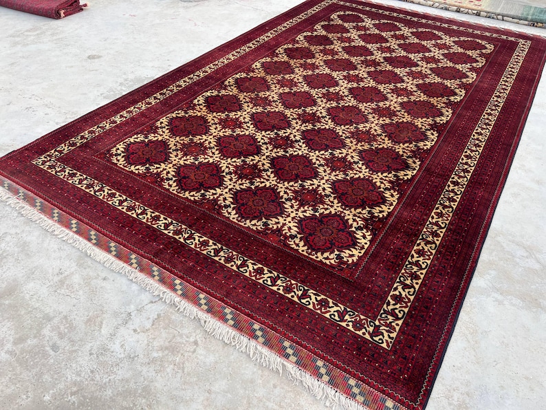 10 x 17 fot stor afghansk handgjord matta, orientalisk vintagematta, handknuten ullmatta, tribal yusufimatta, palatsmatta, geometrisk turkmensk matta bild 2