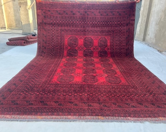7x10 ft Vintage Afghan Red Wool Rug, Traditional Turkmen Design Elephant Foot Rug