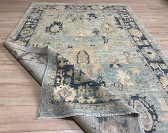 6x9 ft Oriental Turkish Rug, Hand-Knotted Afghan Rug, Turquoise Rug, Hand-Spun Wool Rug, Oushak Rug, Floral Rug, Living Room Rug Bedroom Rug