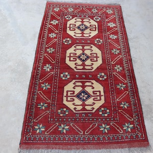 3X6 Ft Vintage Kazak Rug, Turkmen Tribal Handmade Wool Rug, Modern Rug, Caucasian Rug, Living Room, Bedroom, Office Rug, 190X 105 Cm Rug