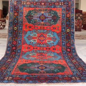 Collectors Piece Vintage Caucasian Rug, 1950s Blu, Red Kazak Rug, 4X6 ft  Turkmen Handmade Rug, Oriental Rug, Vibrant Color Living Room Rug