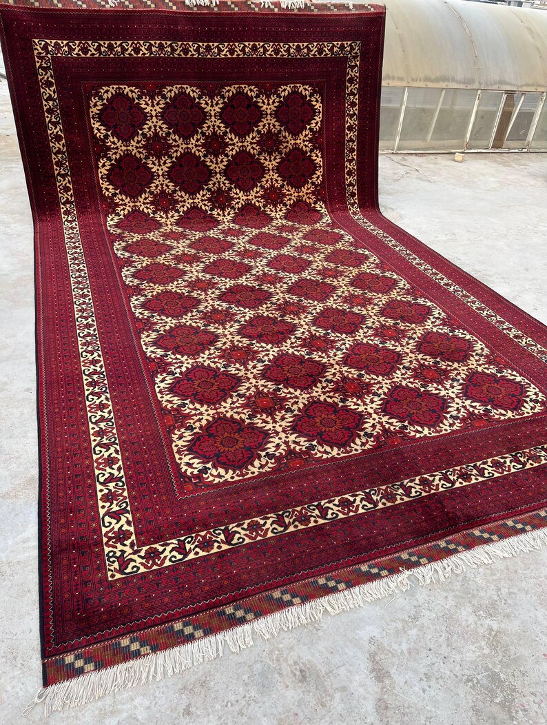 10 x 17 fot stor afghansk handgjord matta, orientalisk vintagematta, handknuten ullmatta, tribal yusufimatta, palatsmatta, geometrisk turkmensk matta bild 13