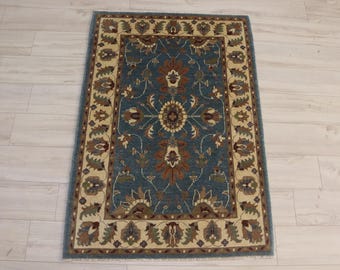3x5 ft Blue Turkish Oushak Rug, Hand-Knotted Afghan Rug, Oriental Wool Rug, Luxury Area Rug, Floral Rug,