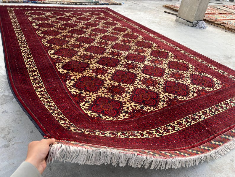 10 x 17 fot stor afghansk handgjord matta, orientalisk vintagematta, handknuten ullmatta, tribal yusufimatta, palatsmatta, geometrisk turkmensk matta bild 12