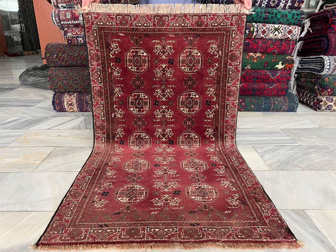 Waziri Rug 3x5 Ft Vintage Waziri Rug, Burgundy Afghan Handmade Wool Rug, Old ...