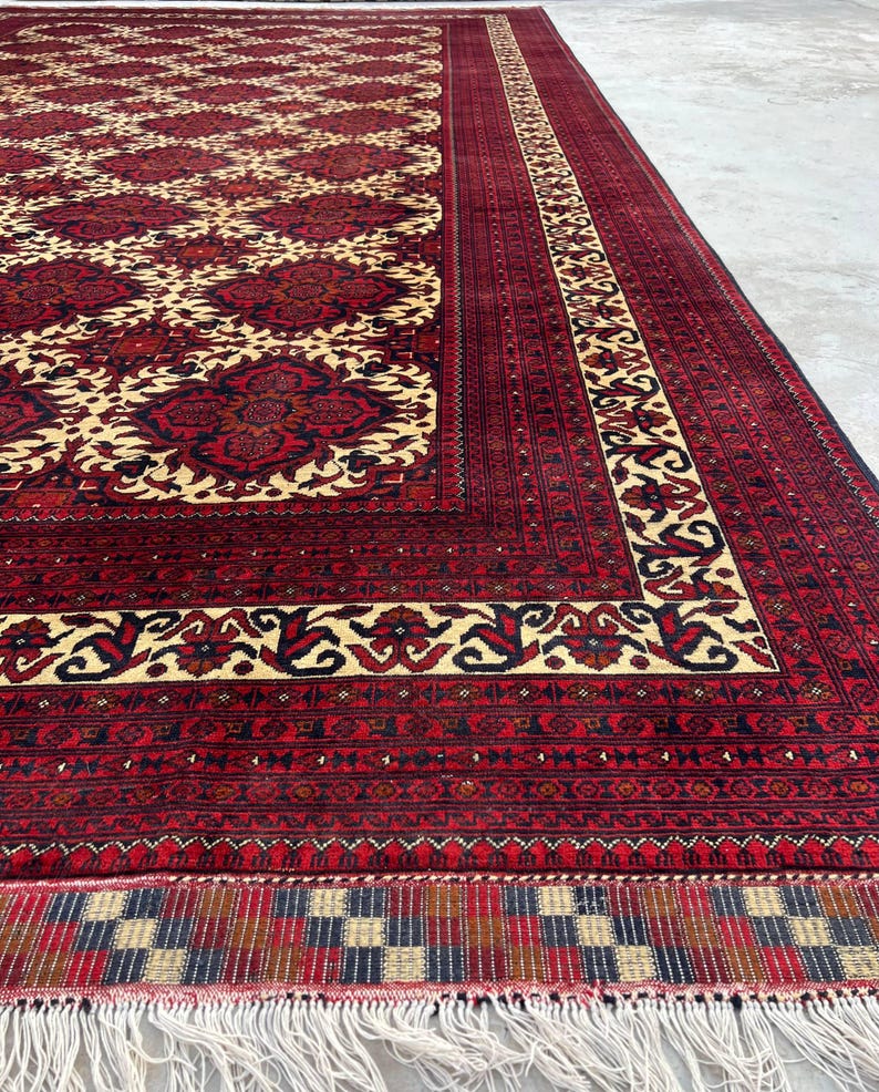 10 x 17 fot stor afghansk handgjord matta, orientalisk vintagematta, handknuten ullmatta, tribal yusufimatta, palatsmatta, geometrisk turkmensk matta bild 10