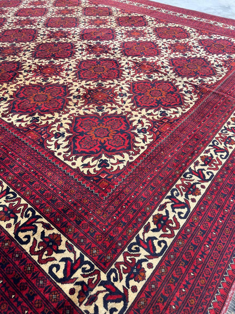 10 x 17 fot stor afghansk handgjord matta, orientalisk vintagematta, handknuten ullmatta, tribal yusufimatta, palatsmatta, geometrisk turkmensk matta bild 14