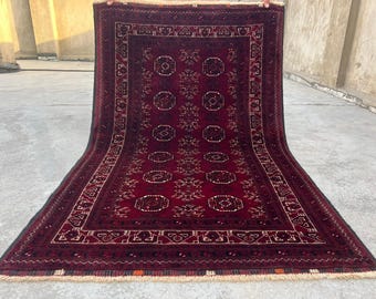 3'5x5'5 ft High Quality Biljik Wool Rug, Vintage On Of Kind Waziri Rug, Burgundy Afghan Hand-Knotted Rug