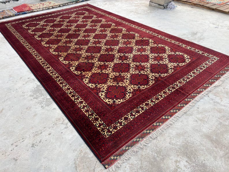 10 x 17 fot stor afghansk handgjord matta, orientalisk vintagematta, handknuten ullmatta, tribal yusufimatta, palatsmatta, geometrisk turkmensk matta bild 9