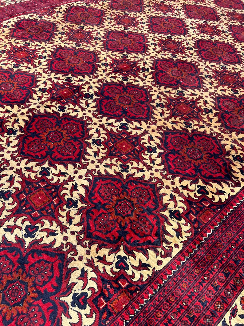10 x 17 fot stor afghansk handgjord matta, orientalisk vintagematta, handknuten ullmatta, tribal yusufimatta, palatsmatta, geometrisk turkmensk matta bild 5