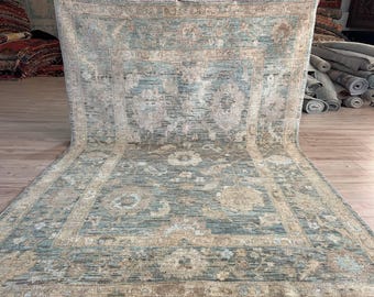 7x9 Soft Green Oriental Oushak Area Rug, Natural Hand-Spun Wool Veg Dye Turkmen Tribal Handmade Rug
