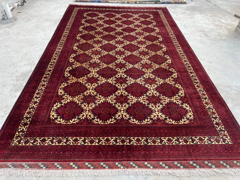 10 x 17 fot stor afghansk handgjord matta, orientalisk vintagematta, handknuten ullmatta, tribal yusufimatta, palatsmatta, geometrisk turkmensk matta bild 3