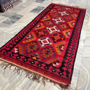 4'4x9'7 ft Wide Tribal Runner Rug, Hand-Woven Vintage Rug, Wool Rug, Afghan Rug, Geometric Wool Rug, Nomadic Pink Rug, Hallway Runner Rug
