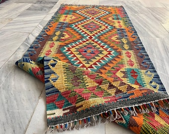 3x7 ft Afghan Kilim Runner Rug, Pileless Flatweave Rug, Hand-Knotted Wool Rug, Tribal Home Decor Rug,
