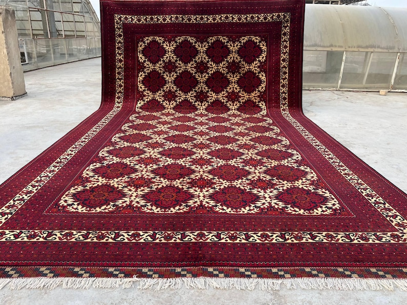 10 x 17 fot stor afghansk handgjord matta, orientalisk vintagematta, handknuten ullmatta, tribal yusufimatta, palatsmatta, geometrisk turkmensk matta bild 1