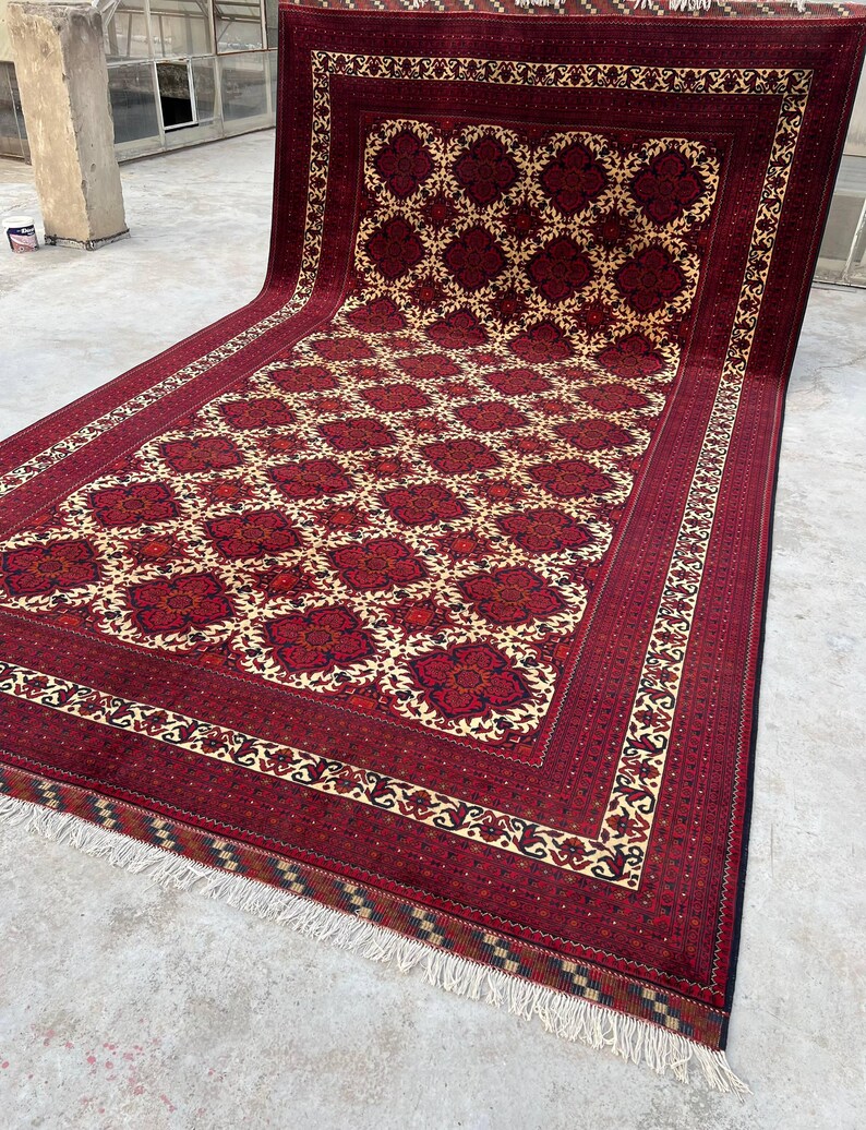 10 x 17 fot stor afghansk handgjord matta, orientalisk vintagematta, handknuten ullmatta, tribal yusufimatta, palatsmatta, geometrisk turkmensk matta bild 7