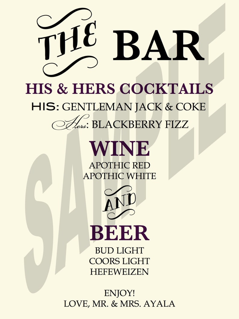 Wedding Reception Bar Menu Sign, Printable Bar Menu Sign for Your Wedding or any Special Event, Bar Menu, Libations Menu, Printable Menu image 3