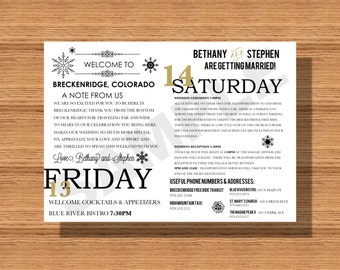 Colorado Destination Wedding Welcome Bag Weekend Itinerary,  Wedding Schedule of Events, Wedding Itinerary for any Location