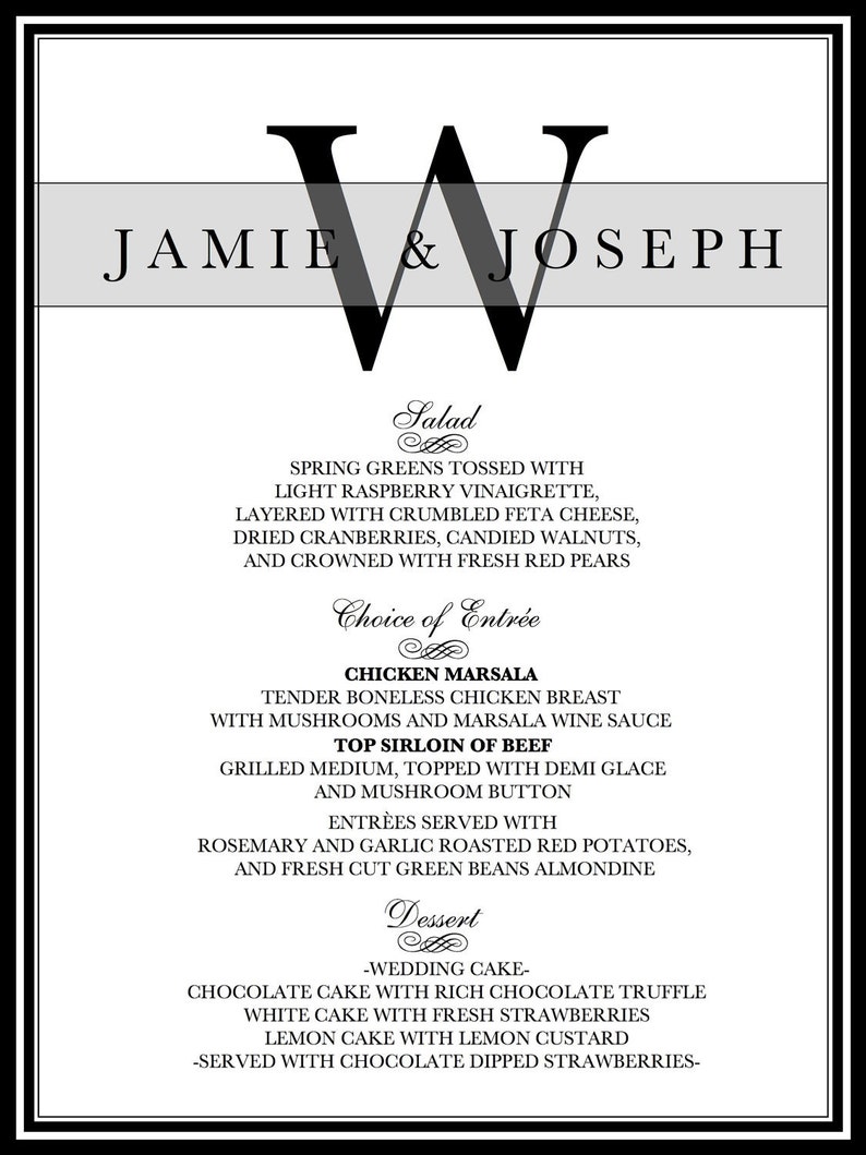 Wedding Reception Dinner Menu, Printable Wedding Dinner Menu image 2