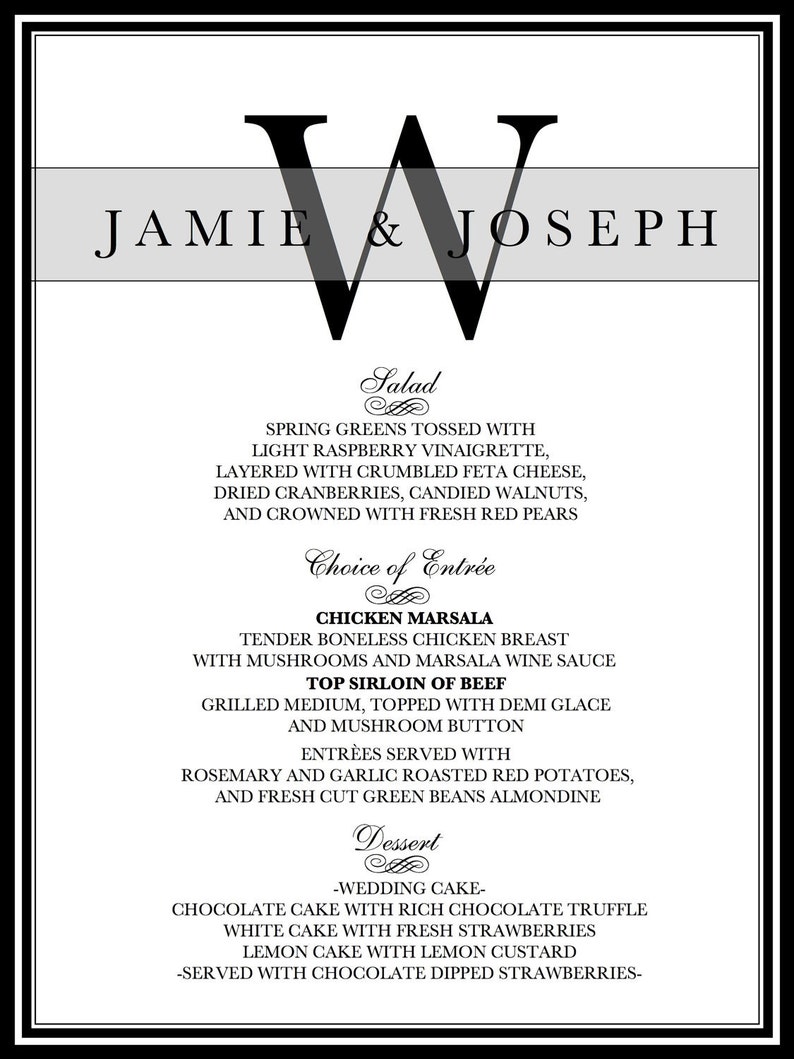 Wedding Reception Dinner Menu Printable Wedding Dinner Menu Etsy