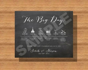 Printable Chalkboard Wedding Day Itinerary Card, Wedding Day Timeline for- The Wedding Bridal Party, Vendors Etc.