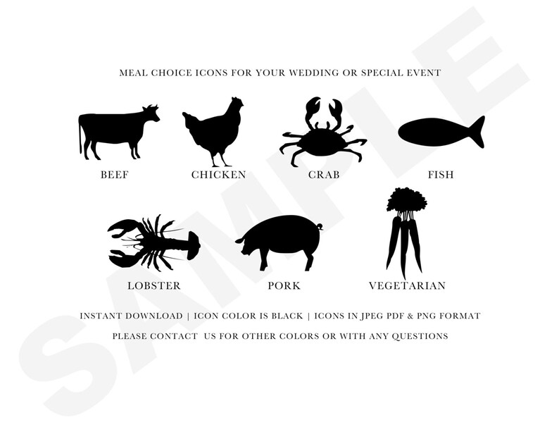 Digital Meal Choice Icons for Your Special Event Wedding Meal Choice Icons Lobster Beef Fish Chicken Crab Pork and Vegetarian Icons