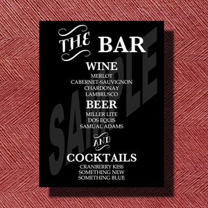 Wedding Reception Bar Menu Sign, Printable Bar Menu Sign for Your Wedding or any Special Event, Bar Menu, Libations Menu, Printable Menu image 1