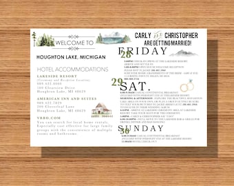 Wedding Weekend Schedule of Events, Wedding Weekend Itinerary with Welcome Note, Wedding Itinerary with Accommodations, Schedule of Events