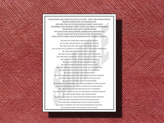Wedding Reception First Dance Dinner Music Tradition Sign Etsy