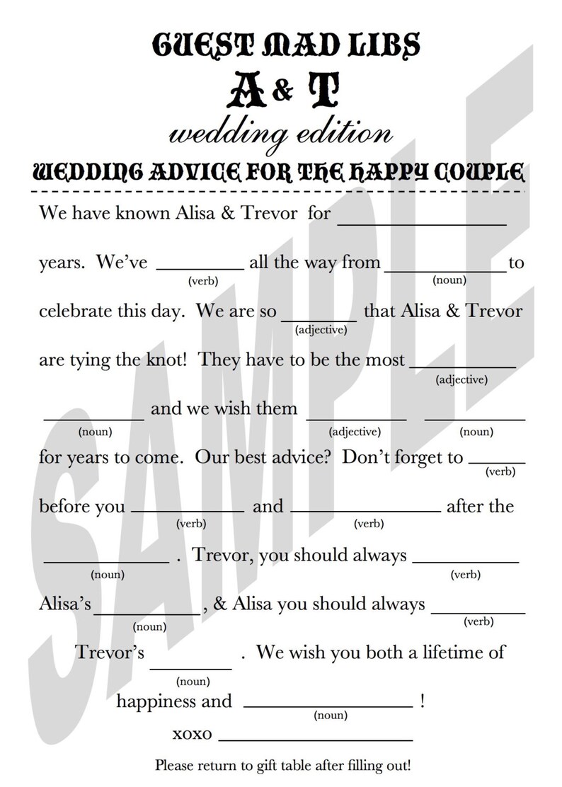 Printable Wedding Mad Libs a Unique Wedding Guest Book Etsy