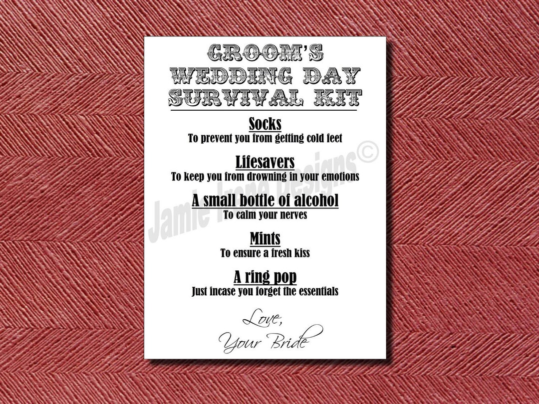 Custom Designed Wedding Day Groom's Survival Kit Card or Sign DIY Print ...