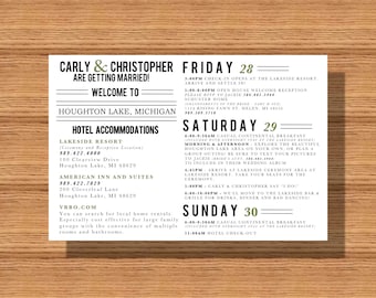 Wedding Weekend Schedule of Events, Wedding Weekend Itinerary with Welcome Note, Wedding Itinerary with Accommodations, Schedule of Events