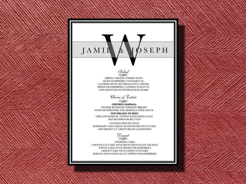 Wedding Reception Dinner Menu, Printable Wedding Dinner Menu image 1