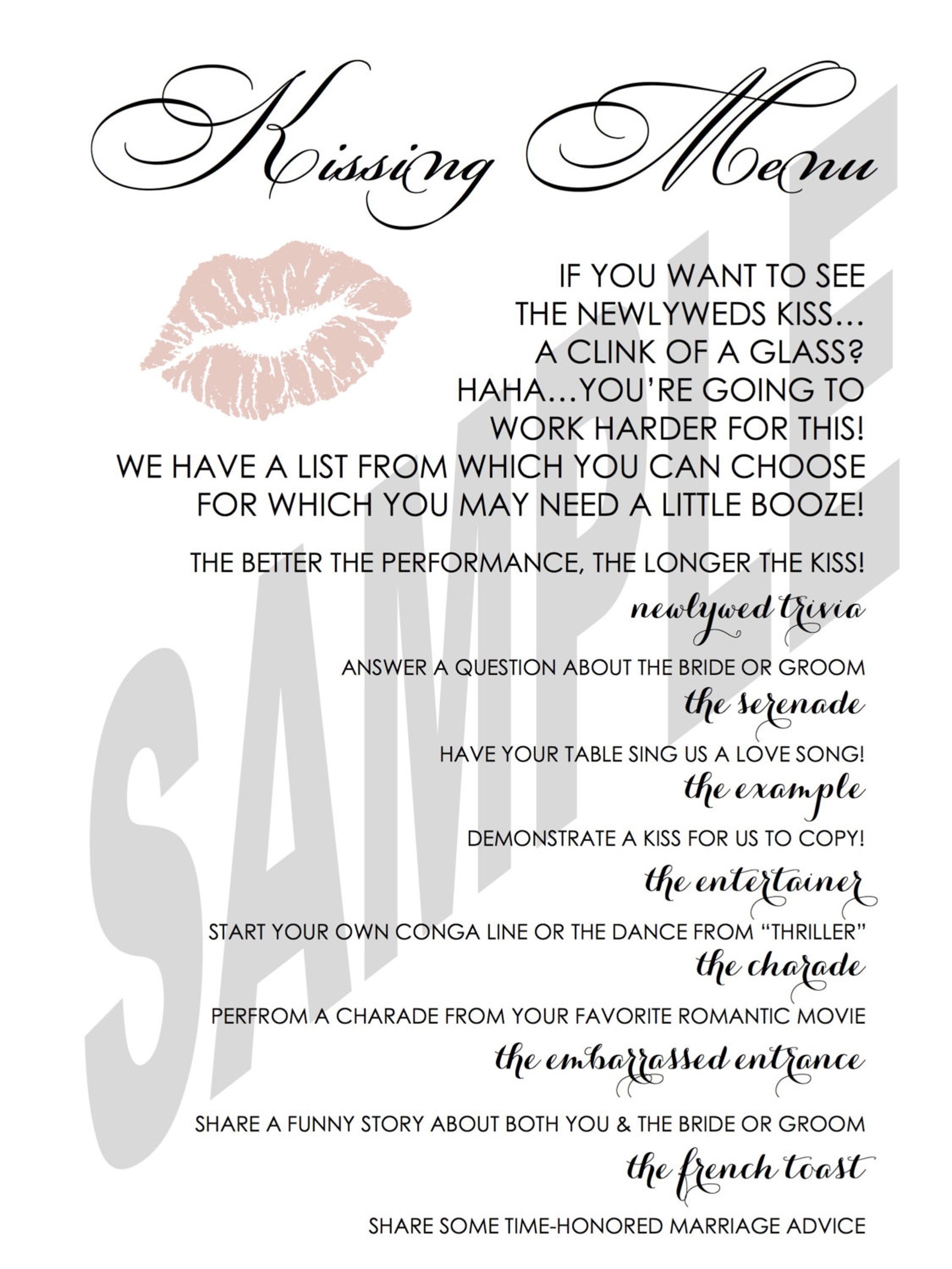 Wedding Reception Kissing Menu Etsy